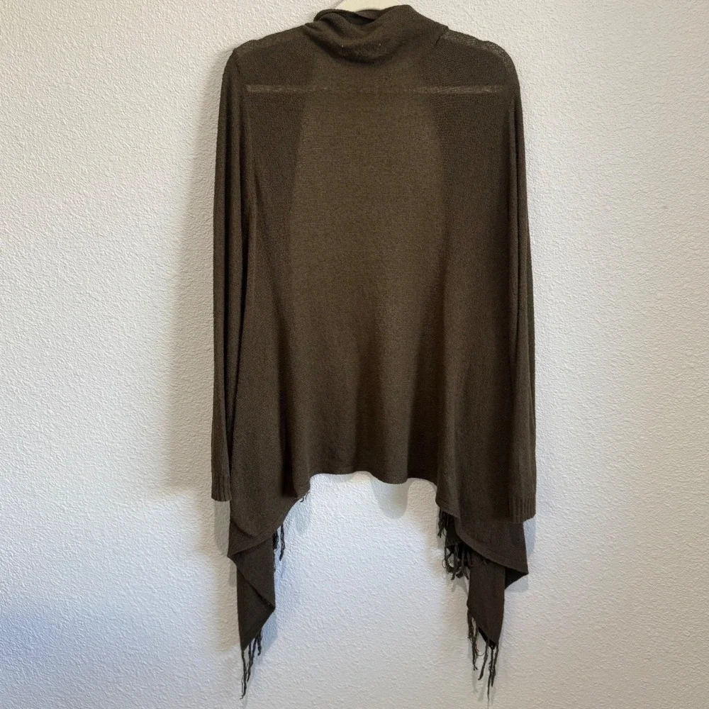 Coldwater Creek M Olive Brown Fringe Waterfall Open Front Cardigan Knit‎ Boho